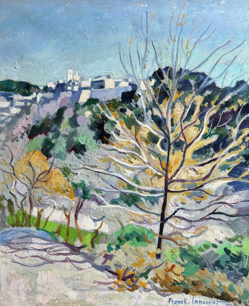 Franck Innocent (Rouen 1912-1983), Paysage : Vue de Saint-Paul de Vence, Huile sur toile, 1982