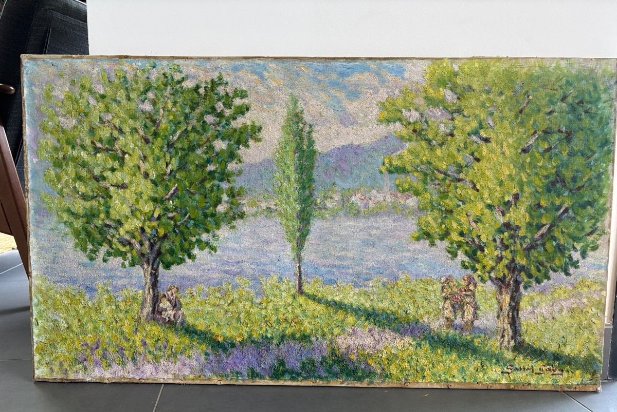 Gaston Gaby? (20th Century), Animated Landscape By The River, Oil On Canvas-photo-2