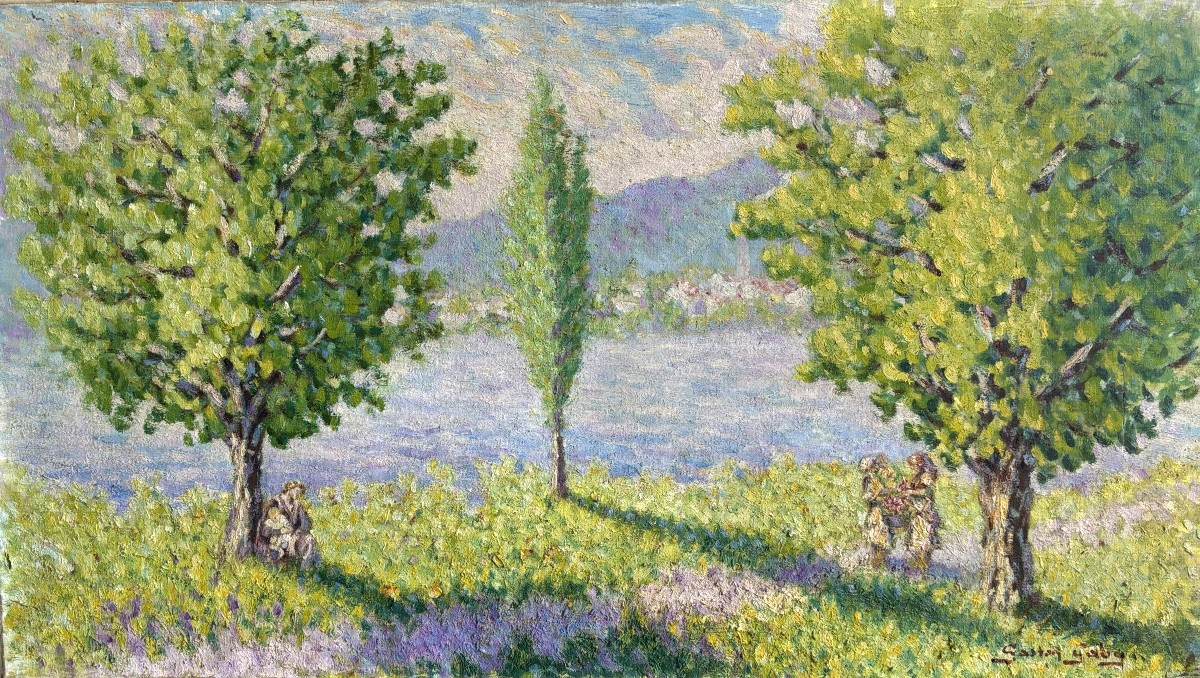 Gaston Gaby? (20th Century), Animated Landscape By The River, Oil On Canvas