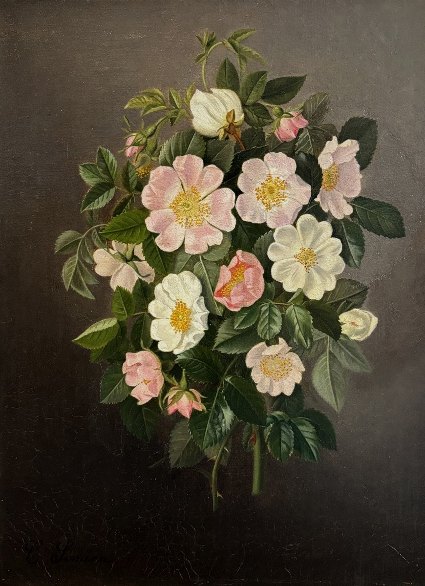 Alfred Charles Siméon (19th Century), Bouquet Of Wild Roses: Sweetbriars, Oil On Canvas-photo-2