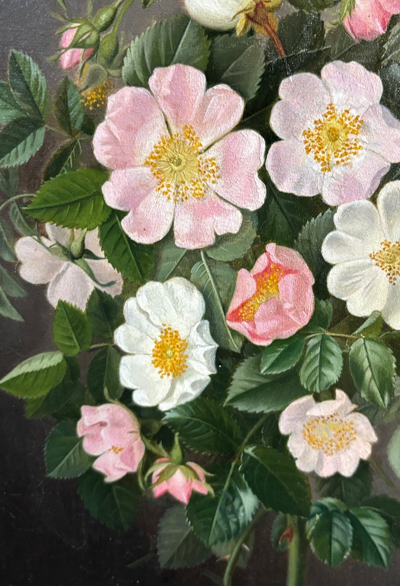 Alfred Charles Siméon (19th Century), Bouquet Of Wild Roses: Sweetbriars, Oil On Canvas-photo-3