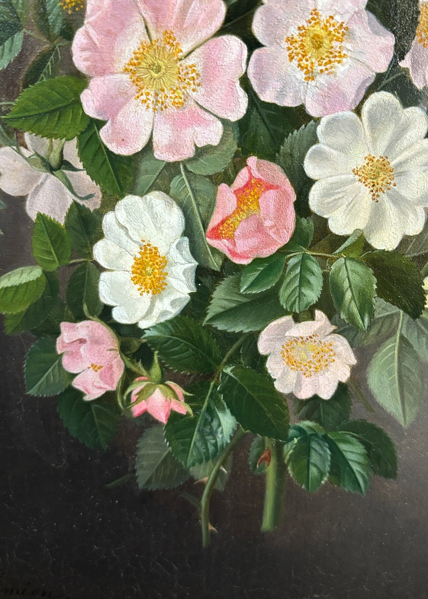 Alfred Charles Siméon (19th Century), Bouquet Of Wild Roses: Sweetbriars, Oil On Canvas-photo-4