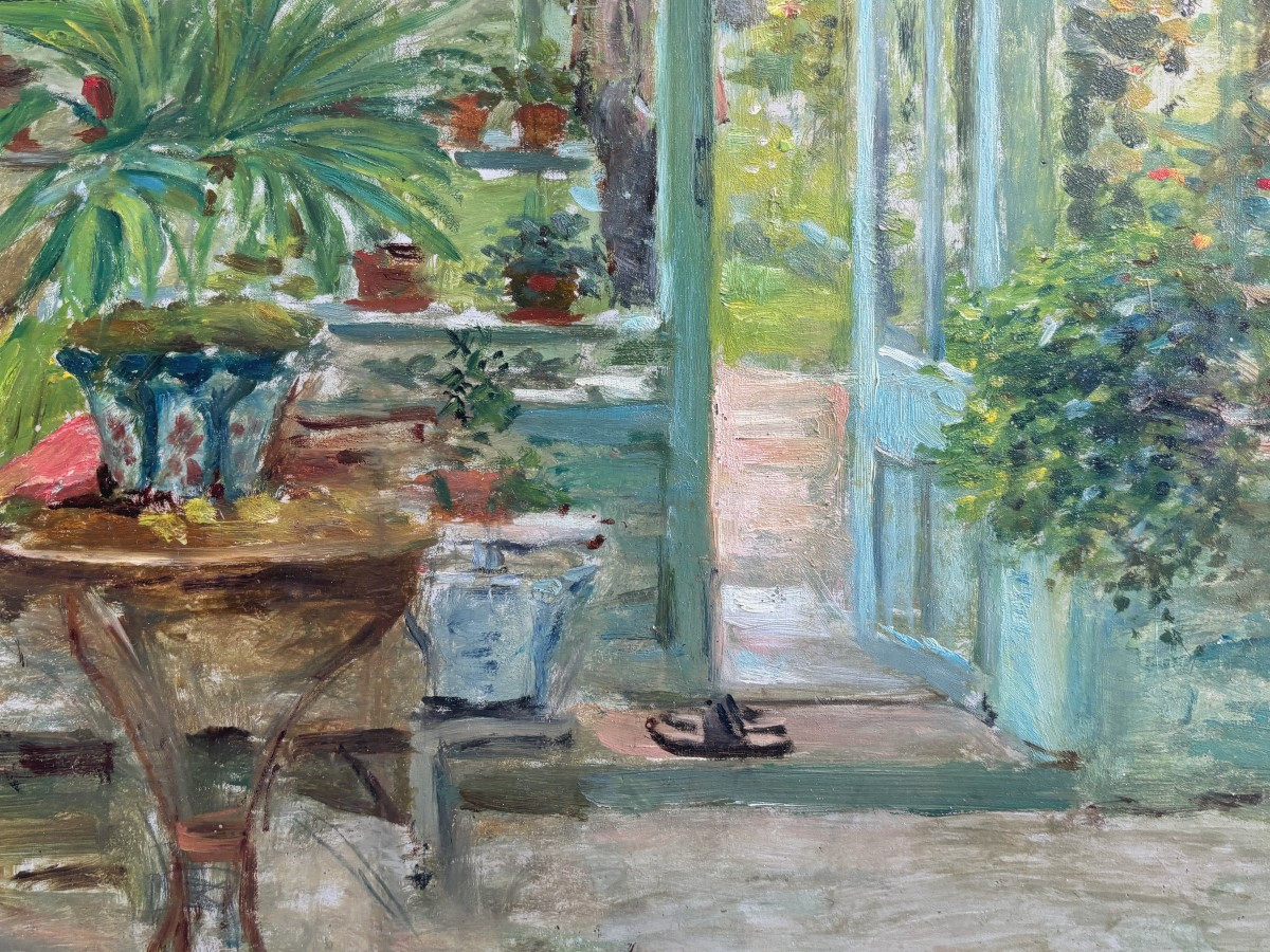 French Impressionist School, The Glasshouse Or The Gardener And His Greenhouse, Oil On Panel-photo-3