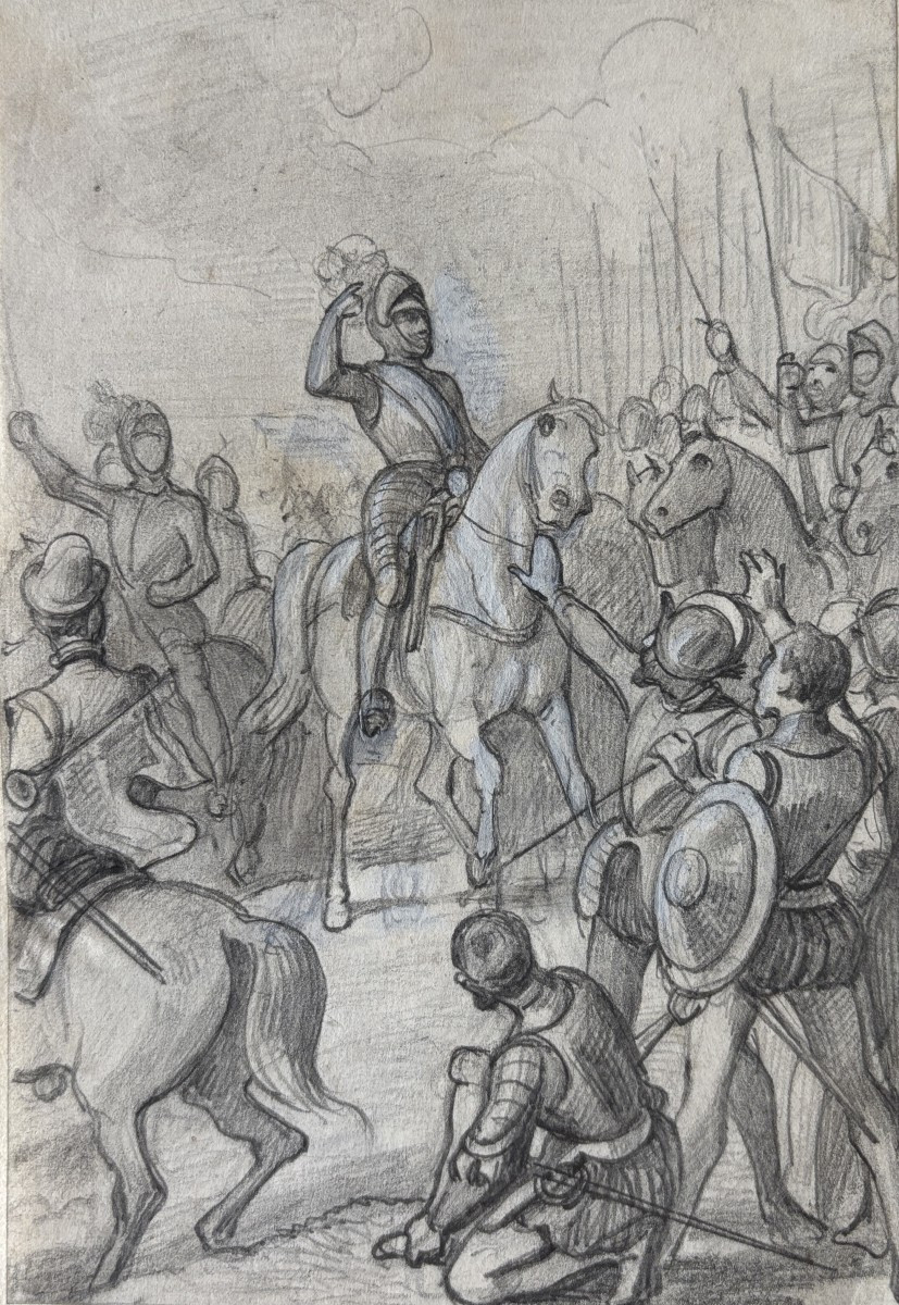 Félix Philippoteaux (1815-1884), Le panache blanc: étude pour l'histoire d'Angleterre? dessin