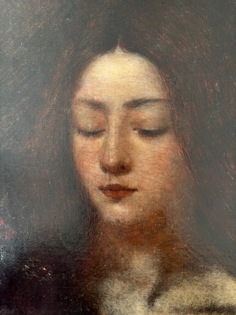English Symbolist School Circa 1880, Portrait Of A Woman, Oil On Canvas-photo-2