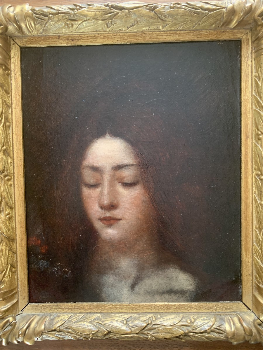 English Symbolist School Circa 1880, Portrait Of A Woman, Oil On Canvas-photo-4