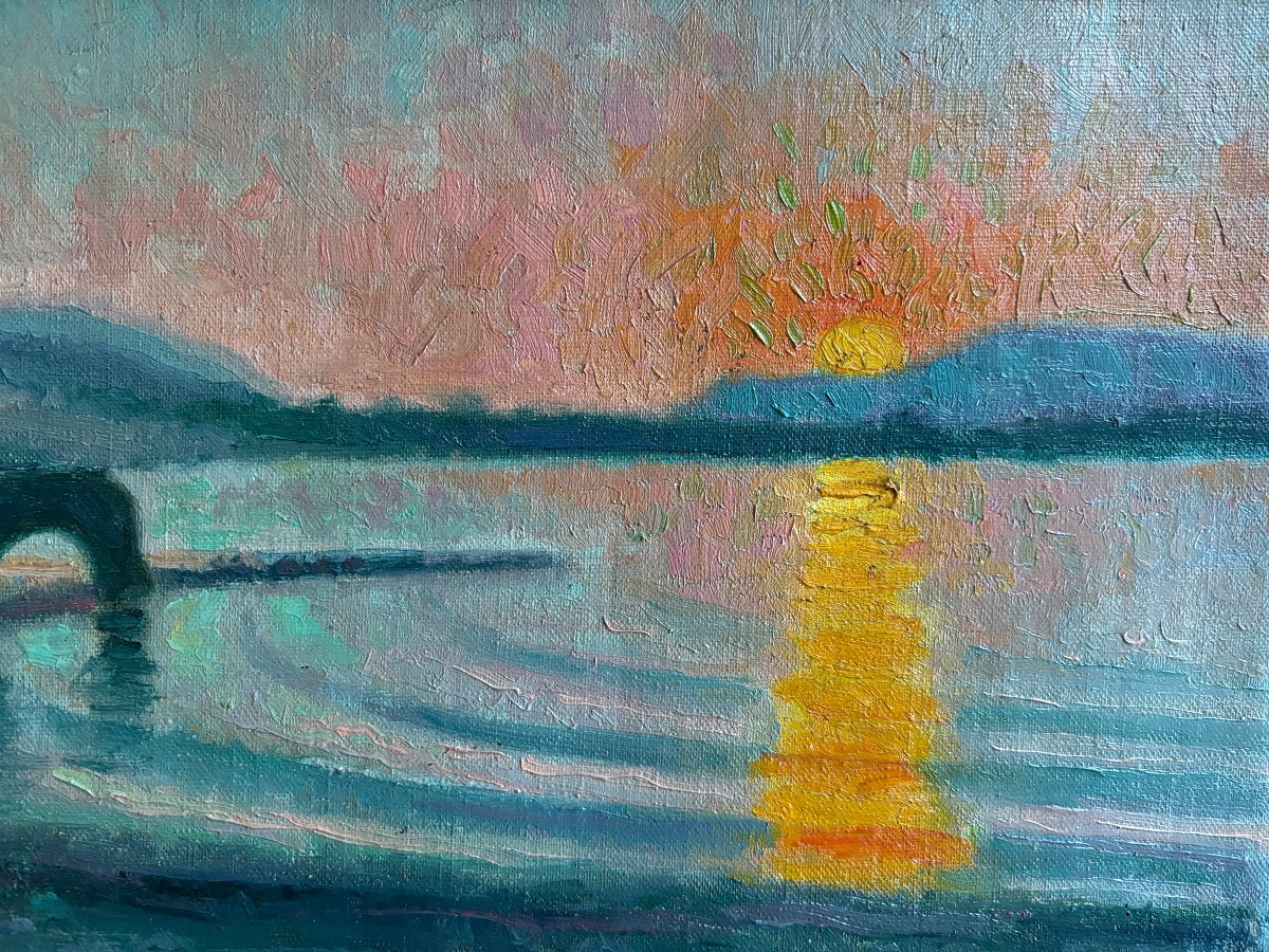French School Circa 1920, Landscape: Sunset Over The Lake, Oil On Canvas-photo-3