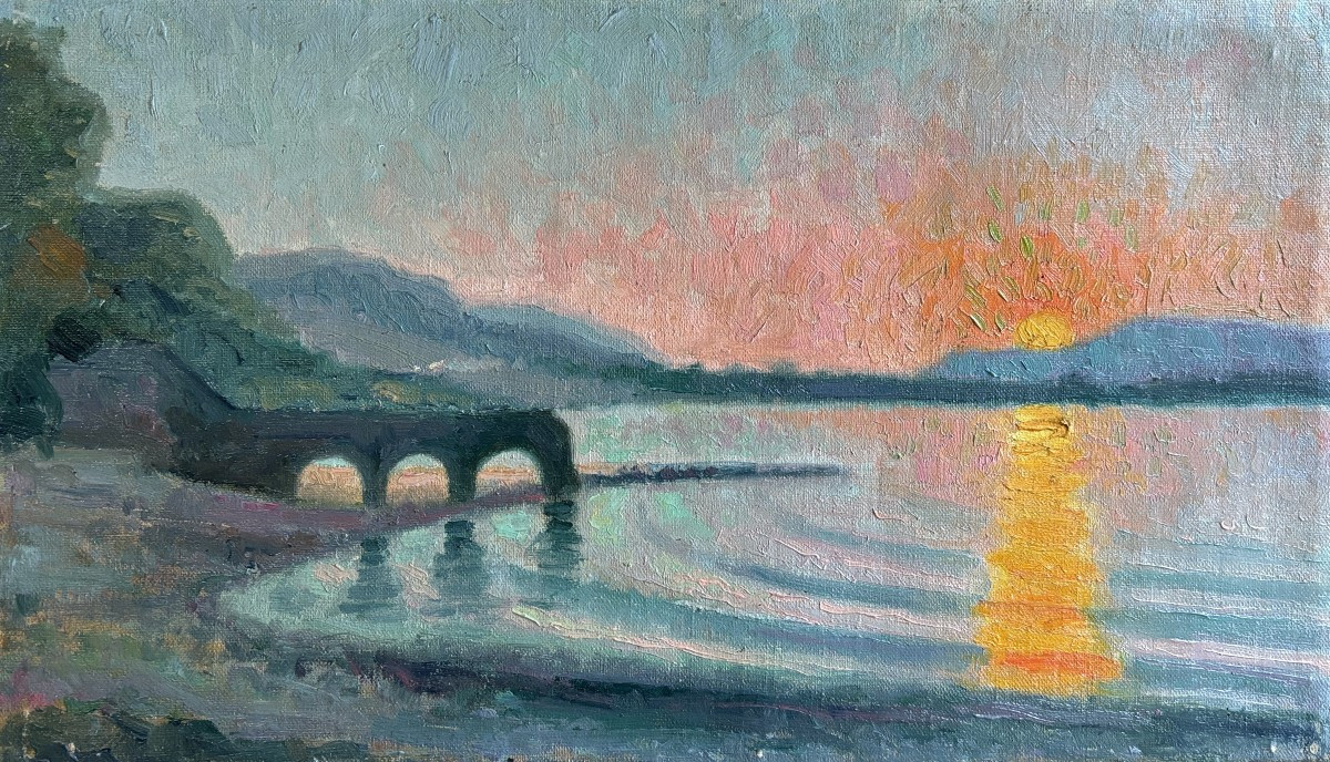 French School Circa 1920, Landscape: Sunset Over The Lake, Oil On Canvas
