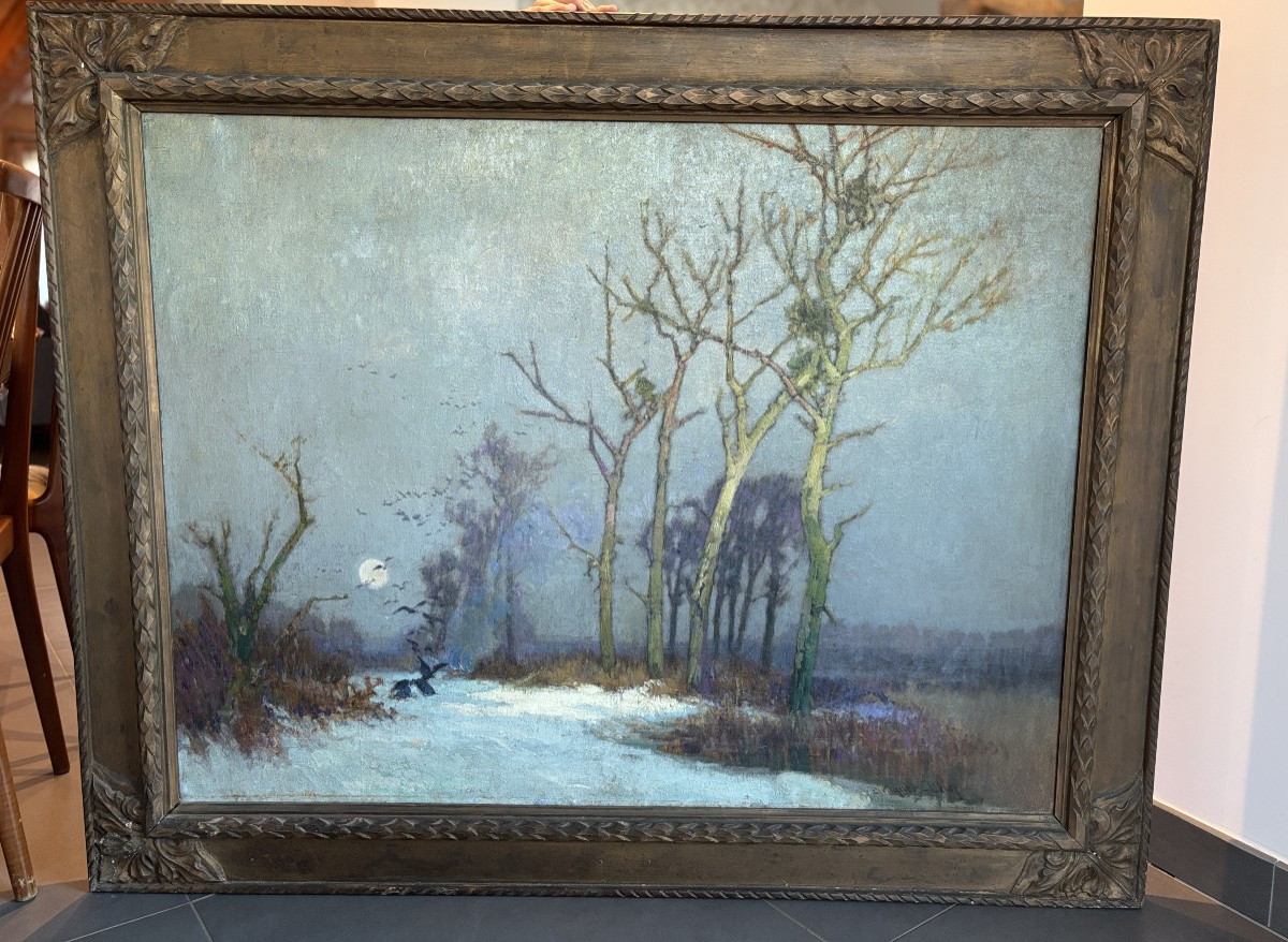 Léon Broquet (1869-1935), Grand paysage hivernal aux corbeaux, Huile toile, Impressionnisme -photo-2