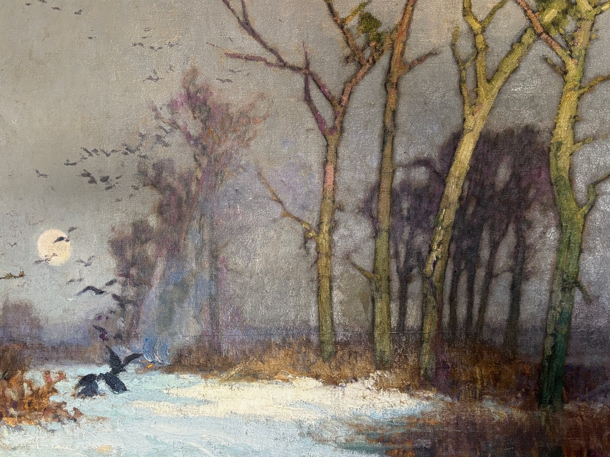 Léon Broquet (1869-1935), Grand paysage hivernal aux corbeaux, Huile toile, Impressionnisme -photo-1