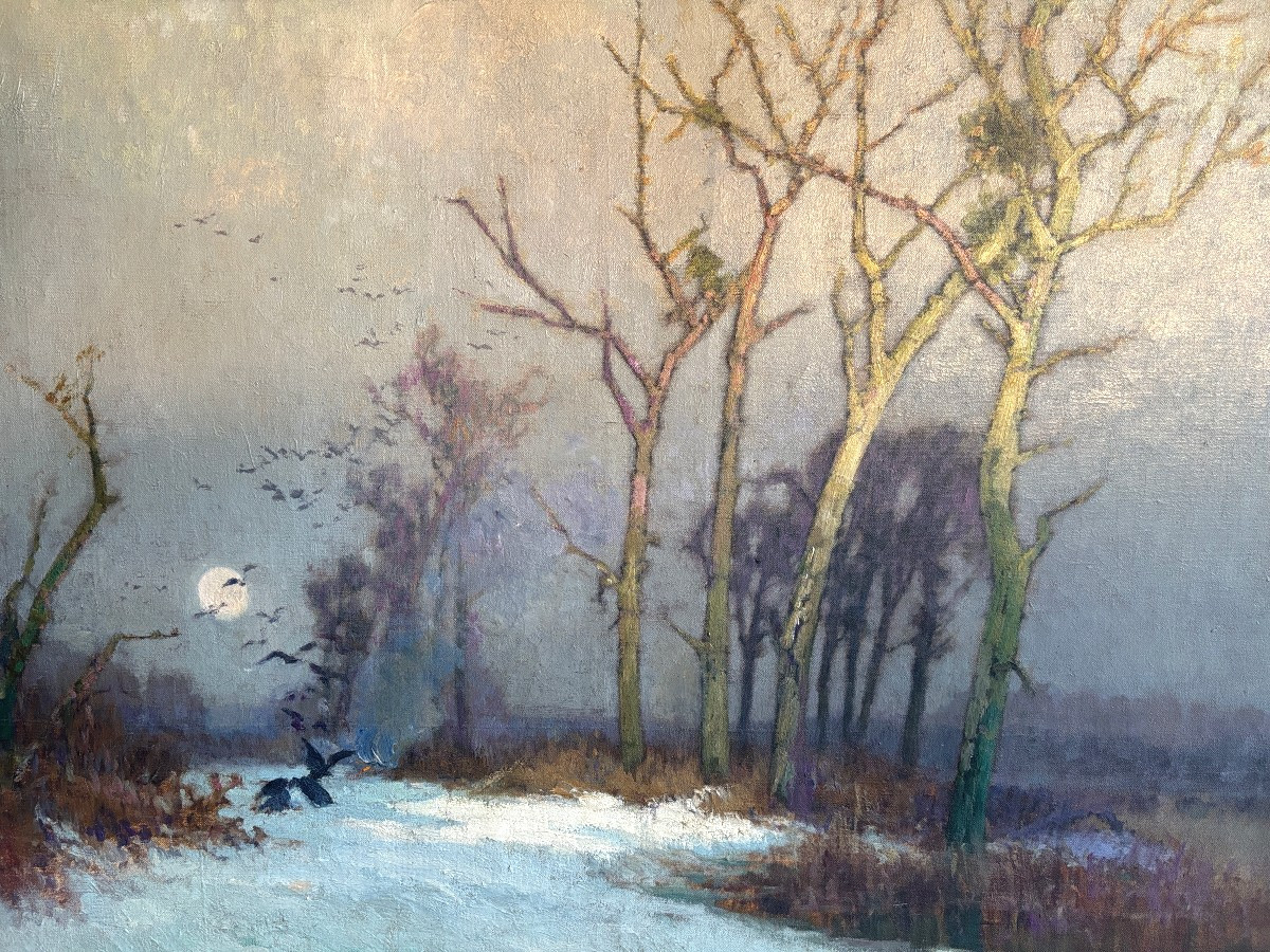 Léon Broquet (1869-1935), Grand paysage hivernal aux corbeaux, Huile toile, Impressionnisme 