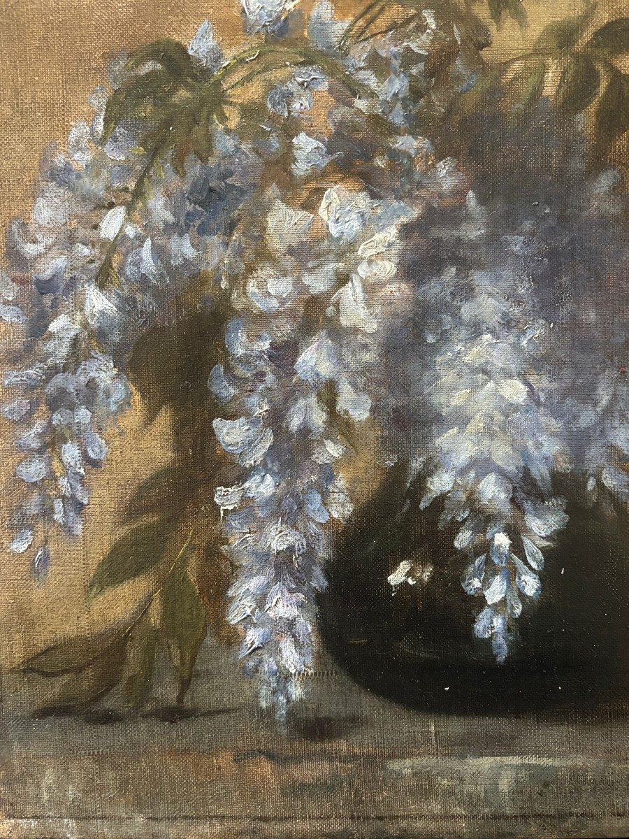 French School, Early 20th Century - Decorative Art, Wisteria Branches In A Vase, Oil On Canvas-photo-2
