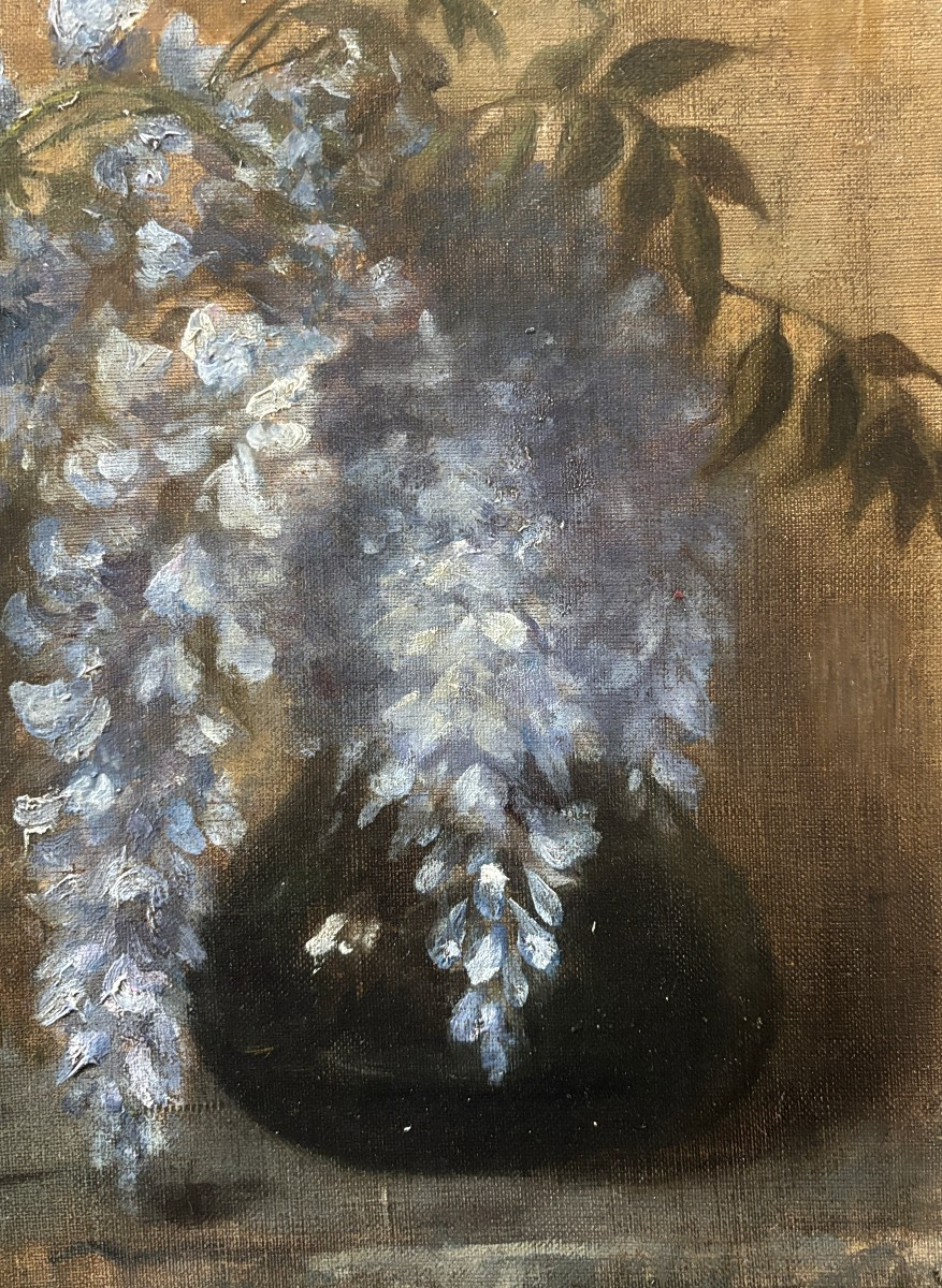 French School, Early 20th Century - Decorative Art, Wisteria Branches In A Vase, Oil On Canvas-photo-3
