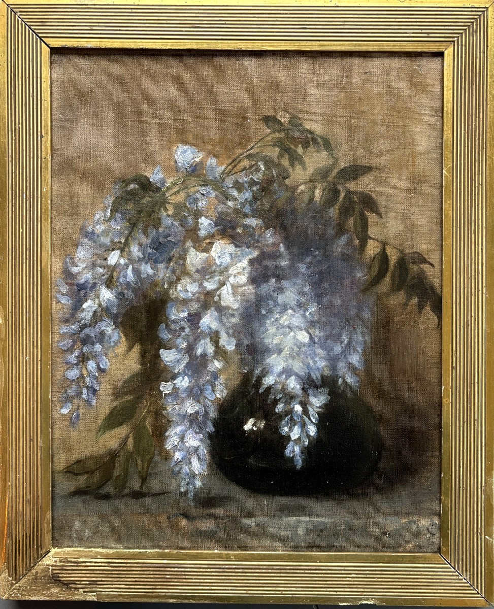 French School, Early 20th Century - Decorative Art, Wisteria Branches In A Vase, Oil On Canvas-photo-4