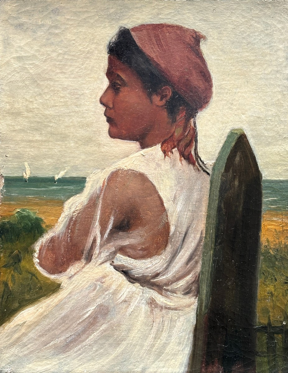 French School, Late 19th Century, Portrait Of A Young West Indian Woman? By The Sea, Oil On Canvas