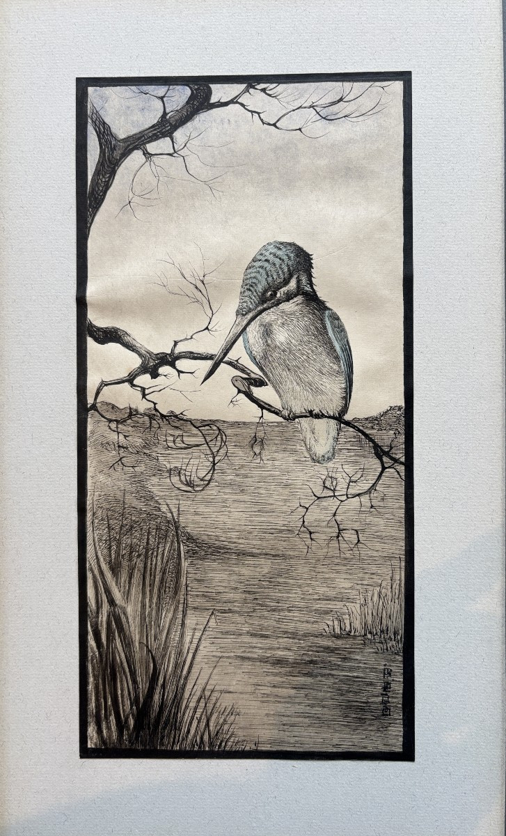 Ecole française du début du XXe siècle, Le martin-pêcheur, dessin à l'encre et aquarelle-photo-3