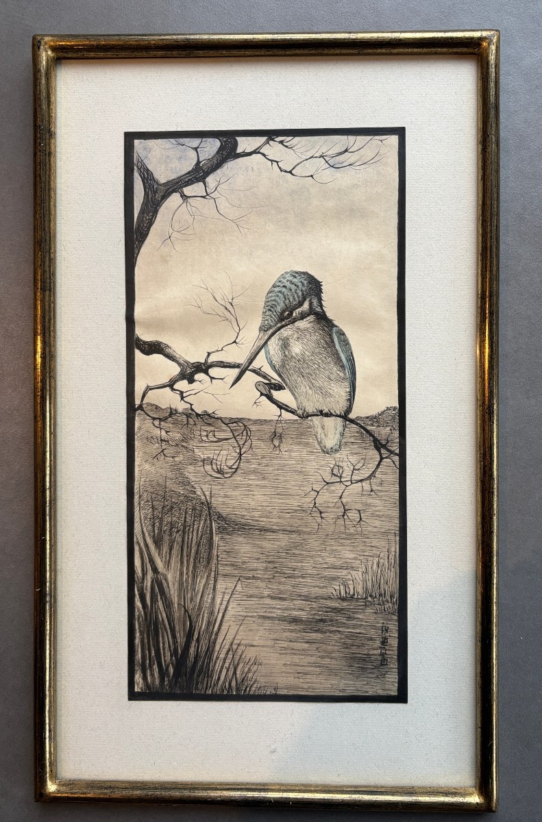 Ecole française du début du XXe siècle, Le martin-pêcheur, dessin à l'encre et aquarelle-photo-1