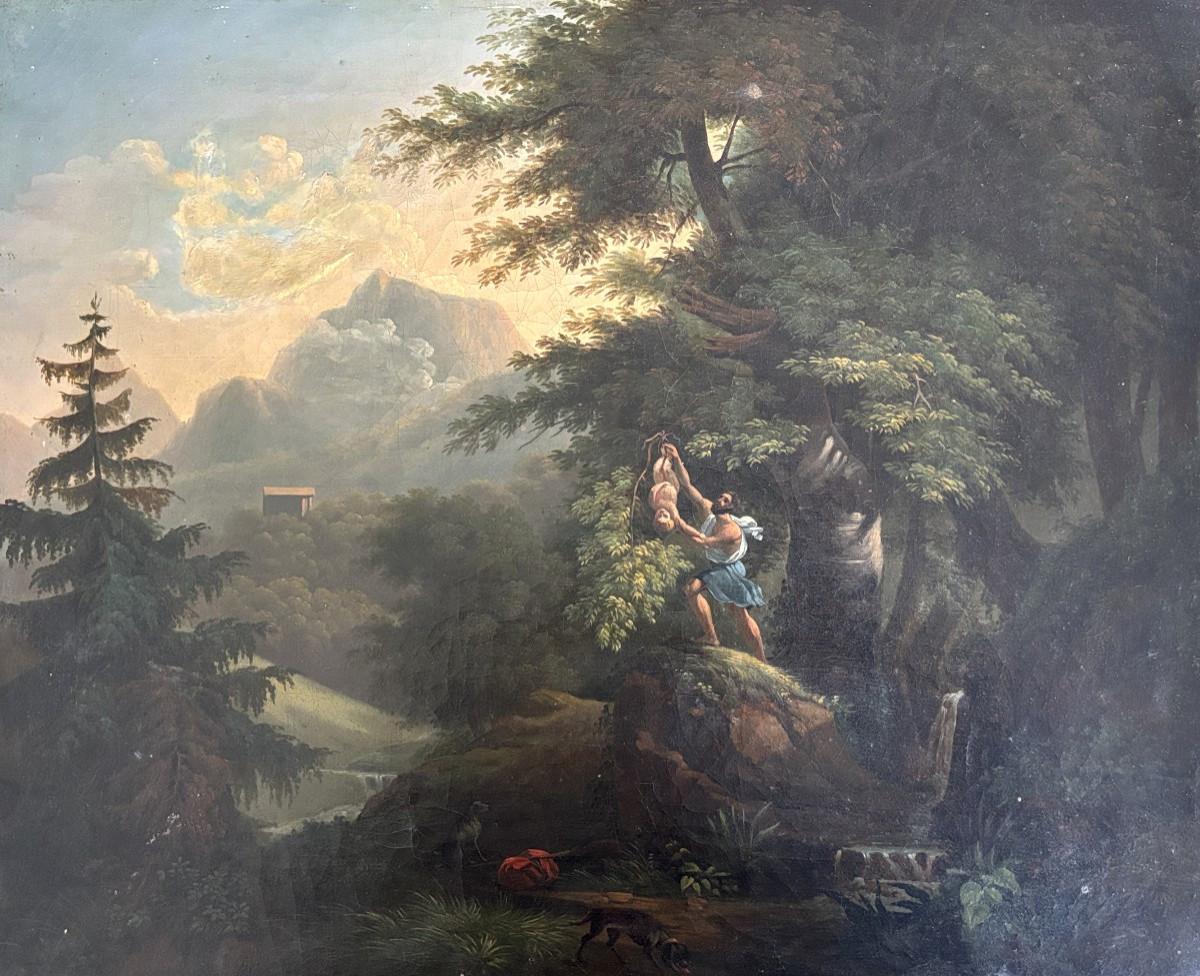 Ecole française néoclassique vers 1830, Paysage: Oedipe enfant détaché de l'arbre par Phorbas-photo-2