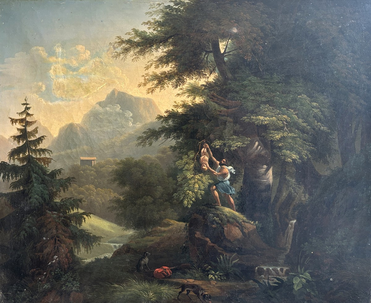 Ecole française néoclassique vers 1830, Paysage: Oedipe enfant détaché de l'arbre par Phorbas