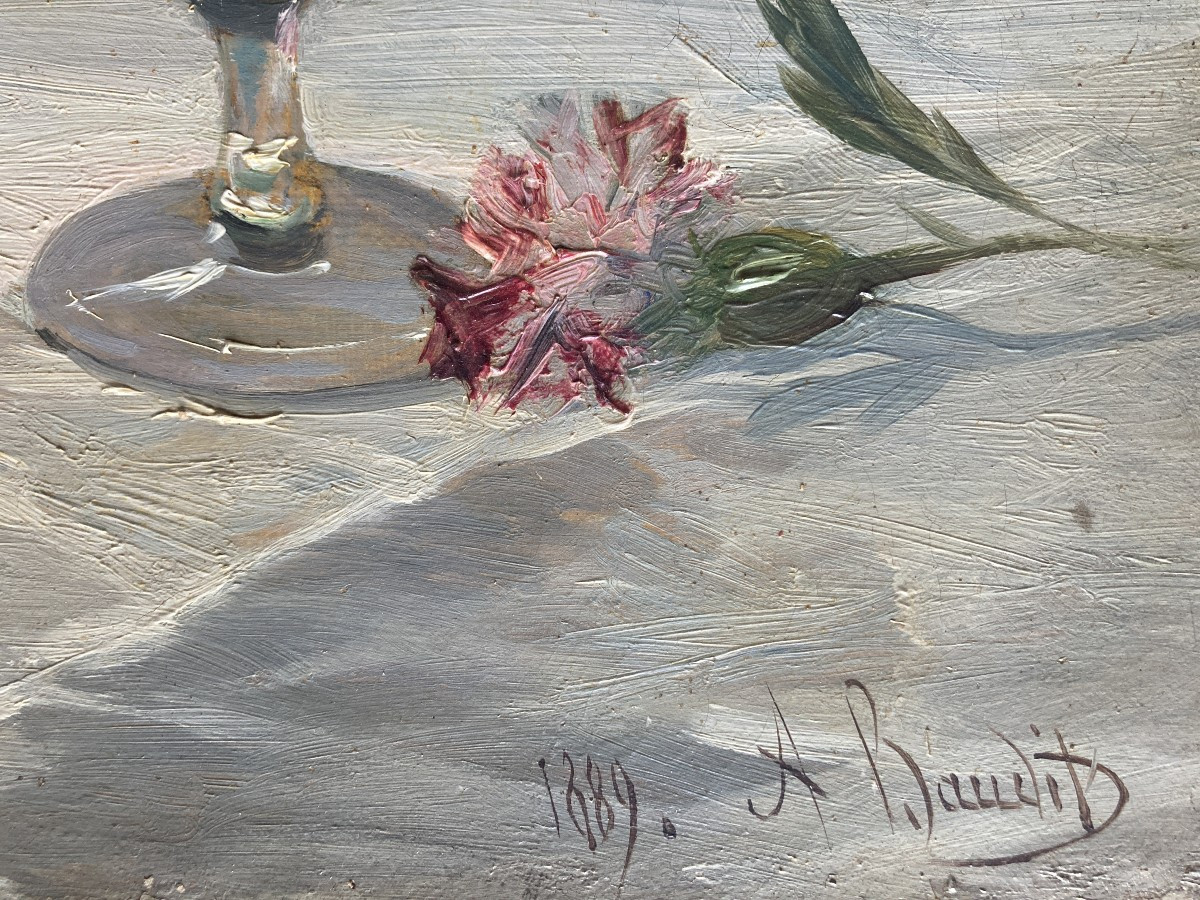 Amédée Baudit (1825-1890), Bouquet Of Flowers: Carnations And Cornflowers In A Vase, Oil-photo-3