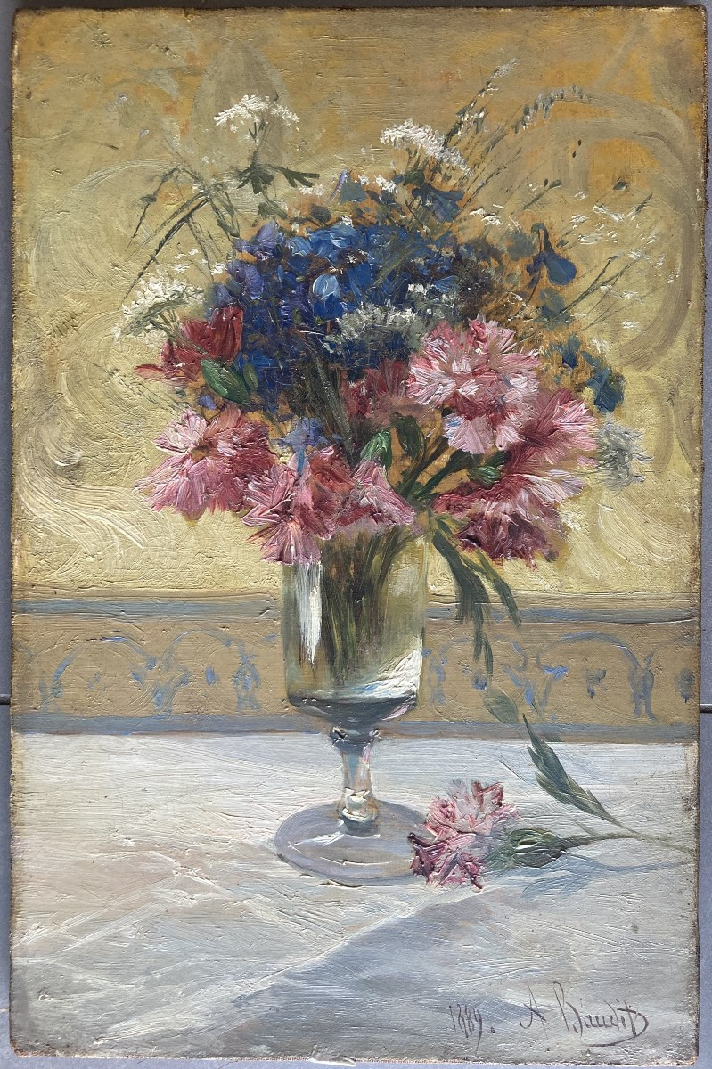 Amédée Baudit (1825-1890), Bouquet Of Flowers: Carnations And Cornflowers In A Vase, Oil-photo-4