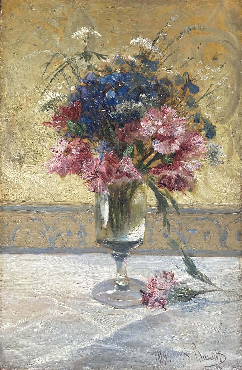 Amédée Baudit (1825-1890), Bouquet Of Flowers: Carnations And Cornflowers In A Vase, Oil