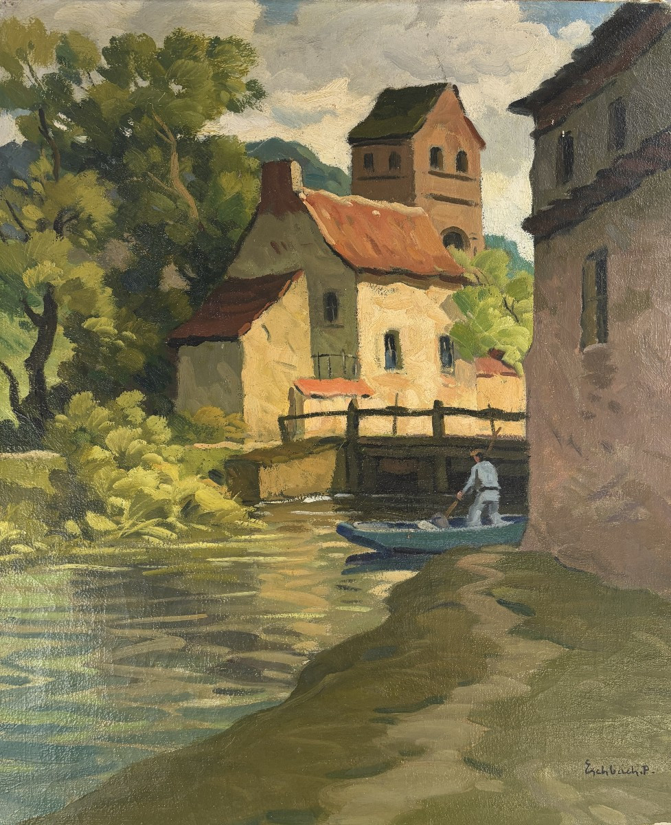 Paul Eschbach (1881-1961), Lively Landscape At Vanne, Environs Of Honfleur In Normandy, Oil