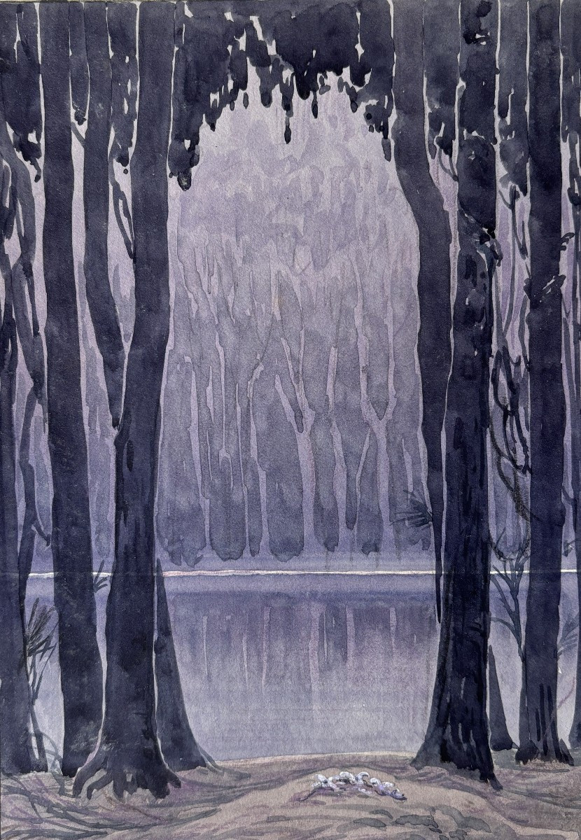 André Morisset (born In 1876), Forest Landscape By The Lake, Drawing, Symbolism