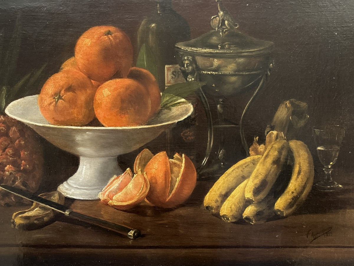 V.Ayguesparses (XIXe), Nature morte aux fruits et verreries, Huile sur toile, 1899, Bordeaux?-photo-2