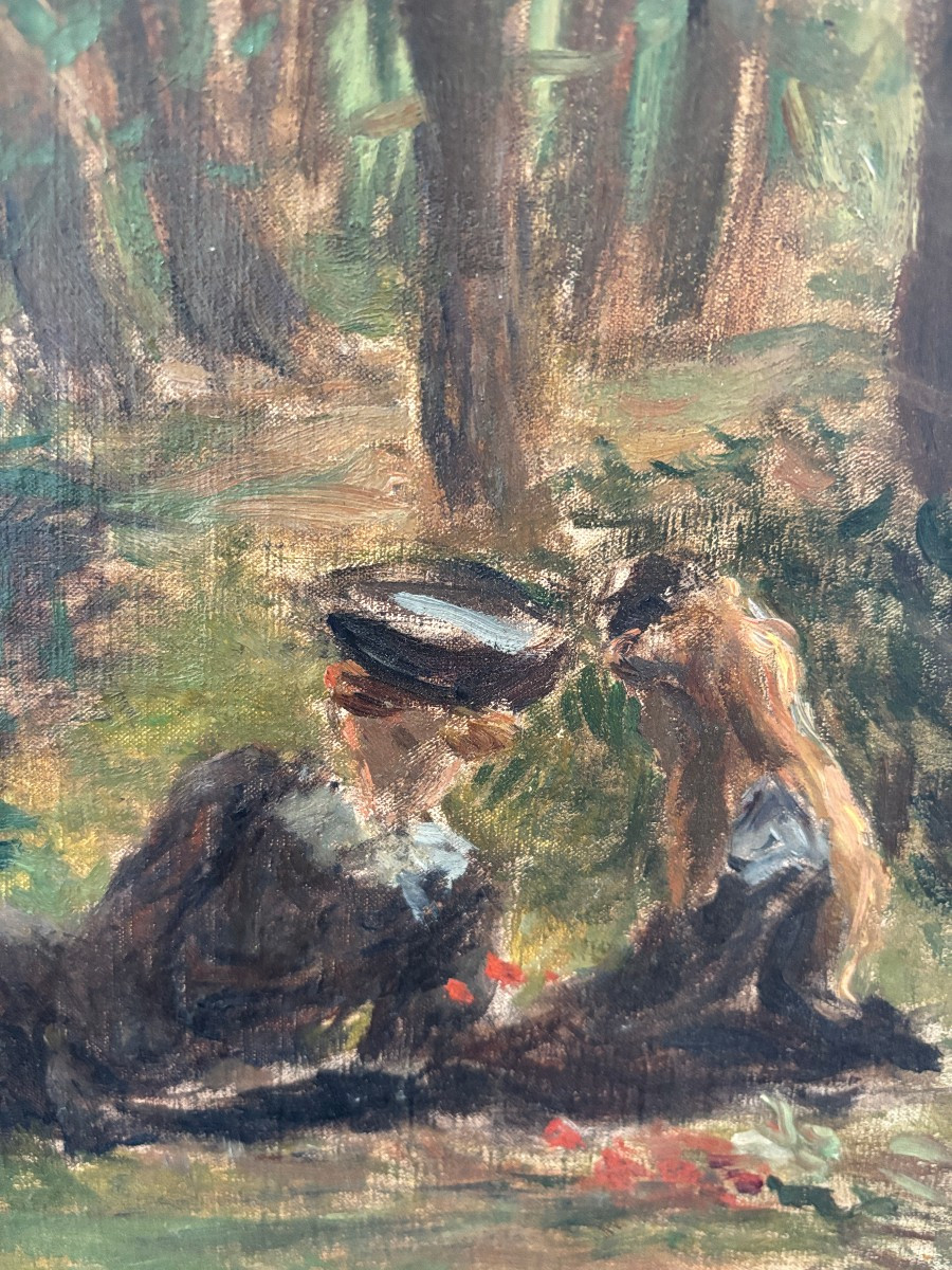 Ecole impressionniste, Esquisse : femme et enfant en bord de rivière, huile sur toile-photo-3
