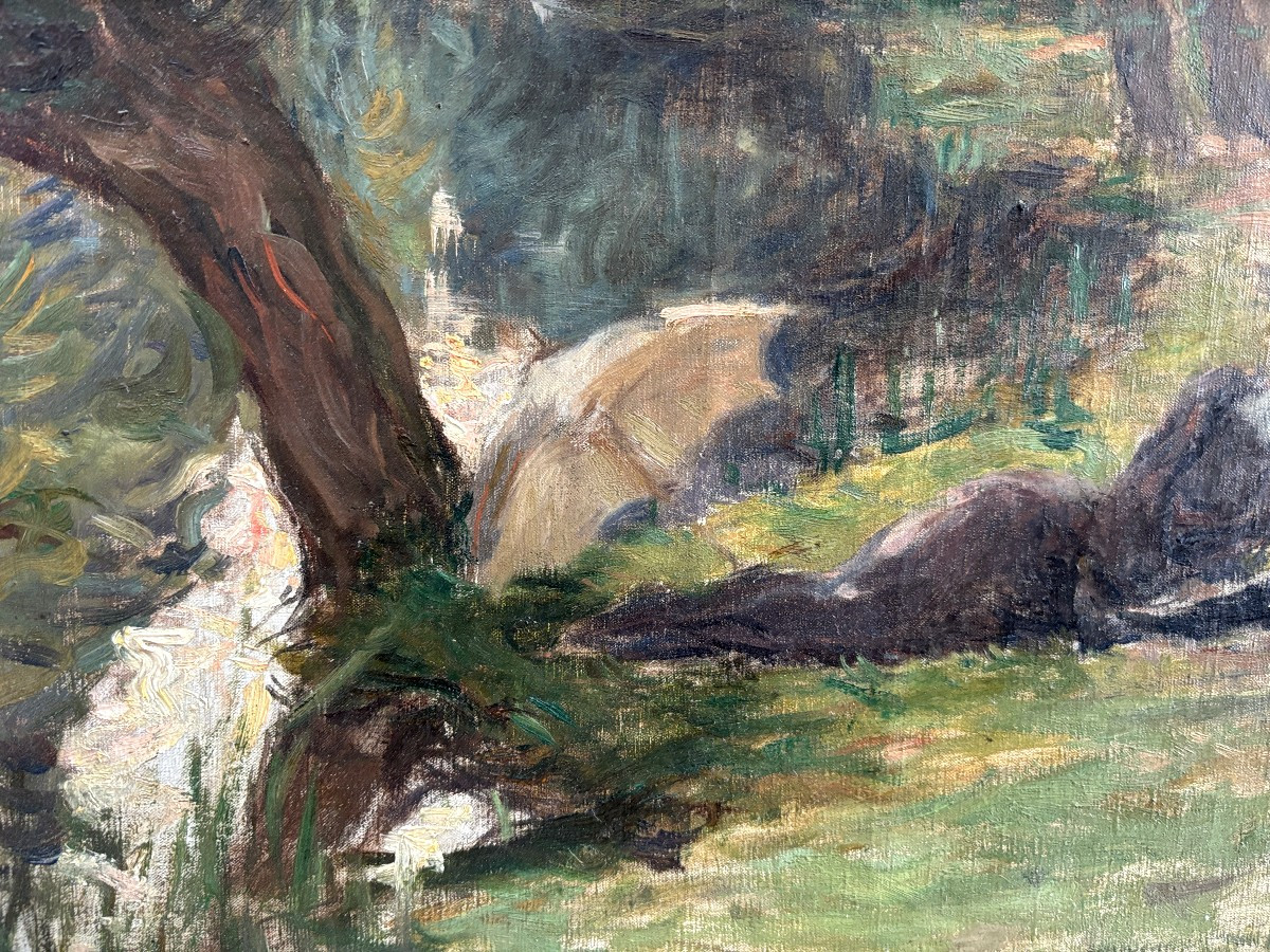 Ecole impressionniste, Esquisse : femme et enfant en bord de rivière, huile sur toile-photo-4