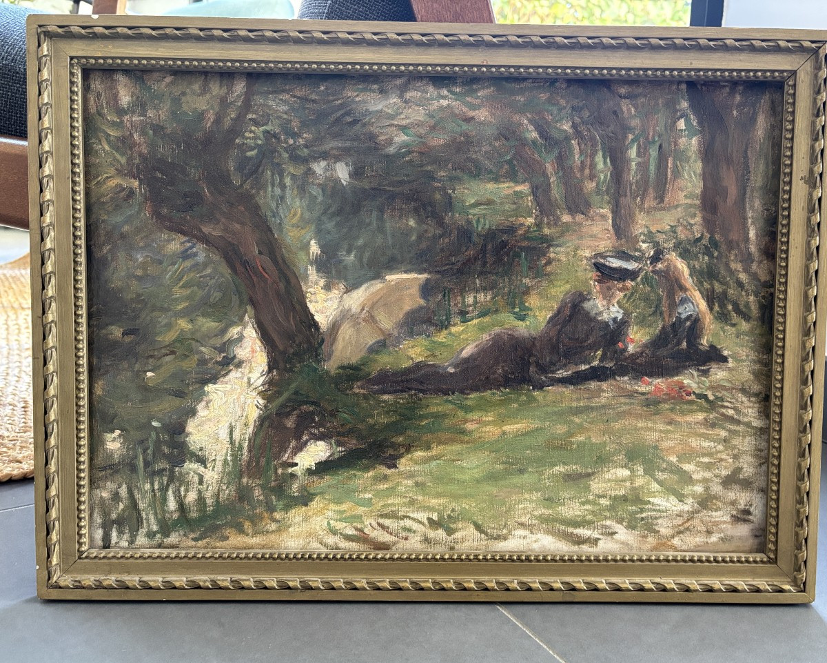 Ecole impressionniste, Esquisse : femme et enfant en bord de rivière, huile sur toile-photo-2