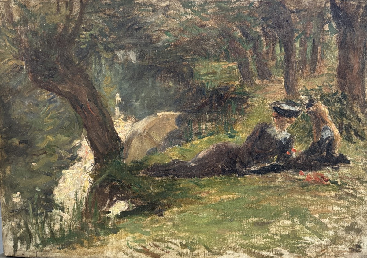 Ecole impressionniste, Esquisse : femme et enfant en bord de rivière, huile sur toile