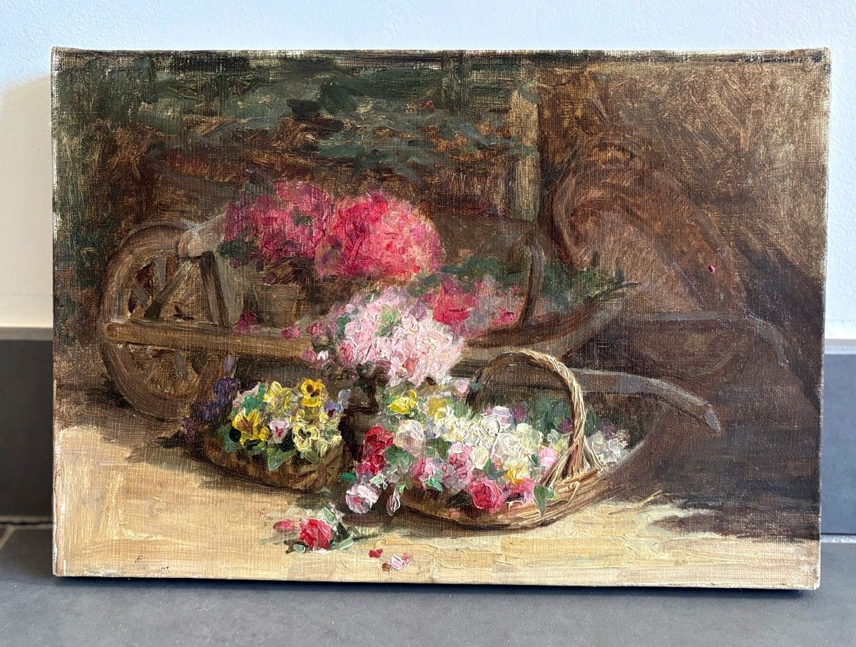 French School, Early 20th Century, Flowers In A Wheelbarrow: Roses And Pansies, Oil On Canvas-photo-2