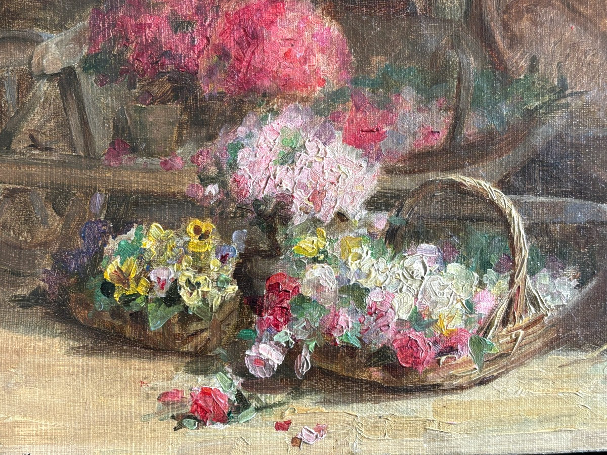 French School, Early 20th Century, Flowers In A Wheelbarrow: Roses And Pansies, Oil On Canvas-photo-3