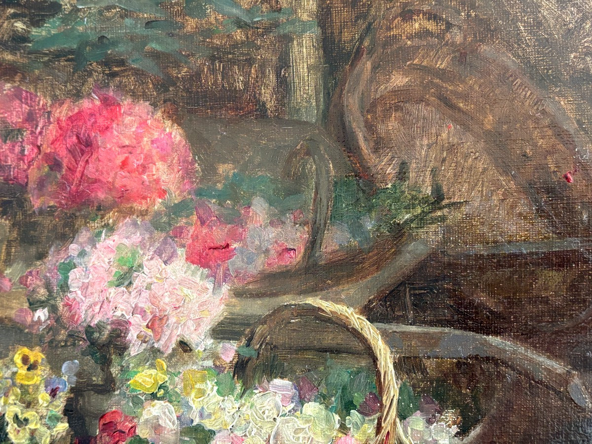 French School, Early 20th Century, Flowers In A Wheelbarrow: Roses And Pansies, Oil On Canvas-photo-4