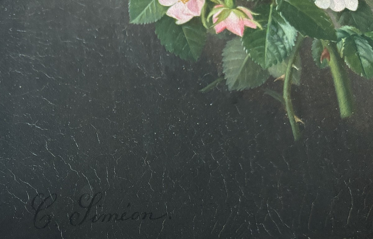 Alfred Charles Siméon (XIXe), Bouquet de roses sauvages : églantines, huile sur toile-photo-1