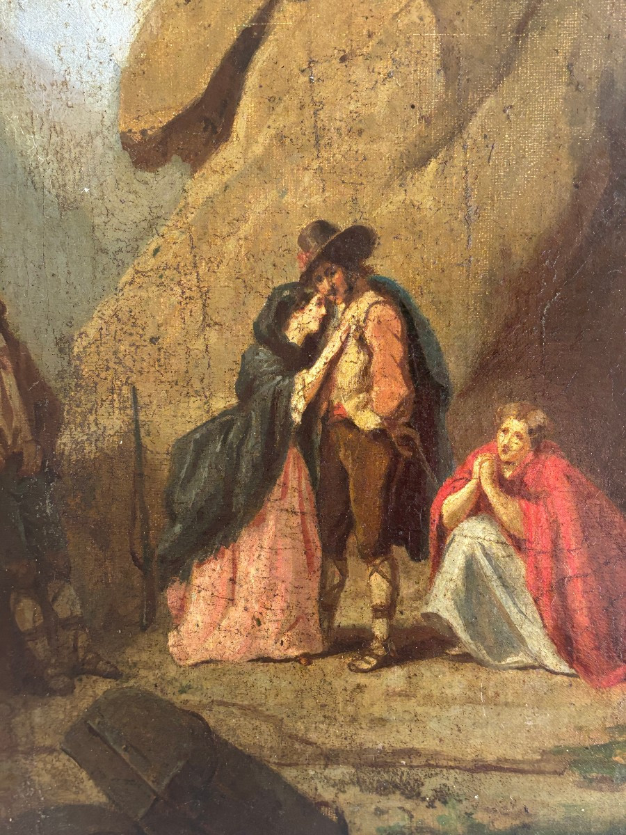 French School, 19th Century (j. Bernard?), Scene Of Women And Brigands, Oil On Canvas-photo-2