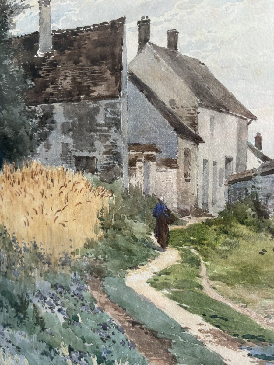 Auguste Allongé (1833-1898), Grand Dessin : paysage au hameau animé, aquarelle signée-photo-4