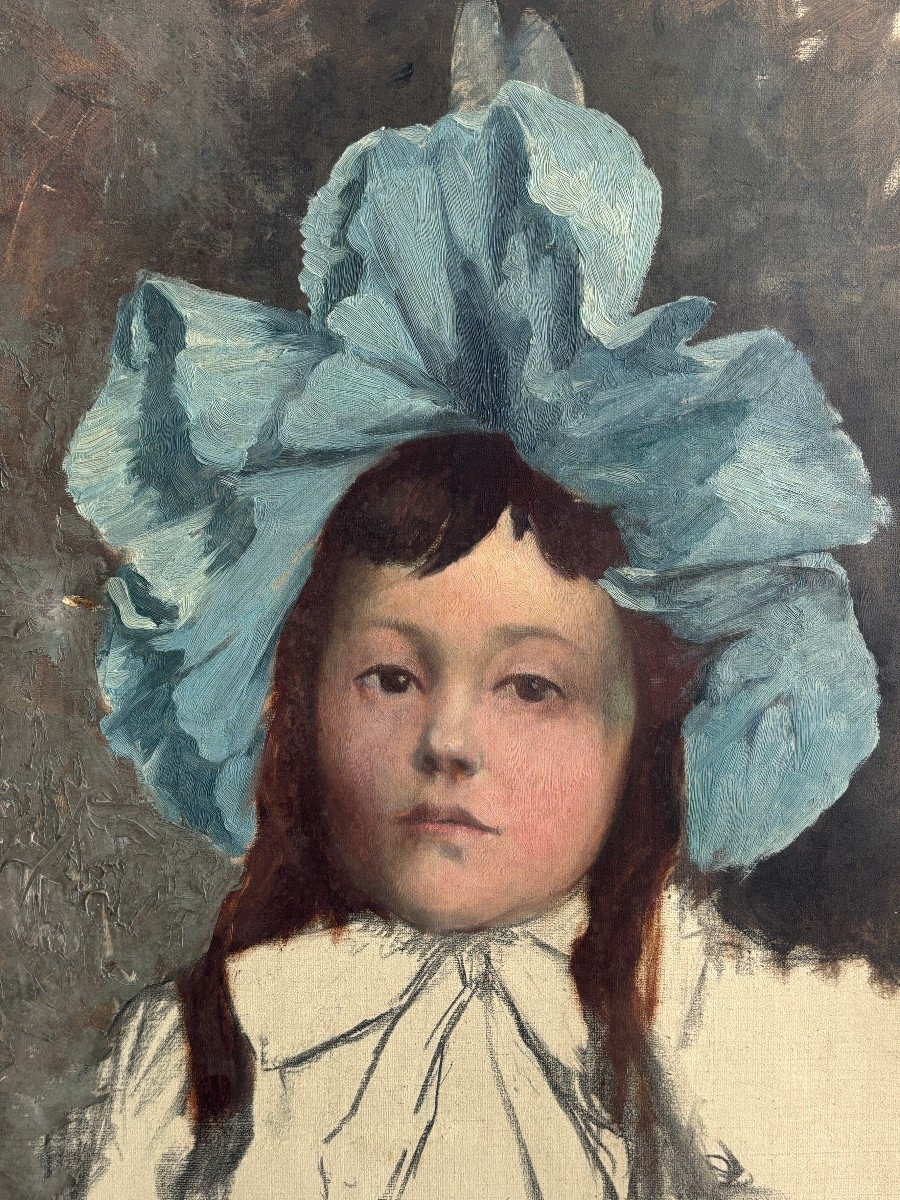 French School, Late 19th Century, Portrait Of A Young Girl With A Blue Headdress, Oil -photo-2