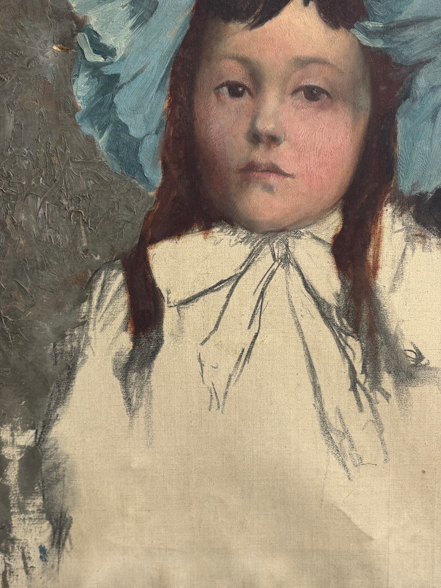 French School, Late 19th Century, Portrait Of A Young Girl With A Blue Headdress, Oil -photo-3