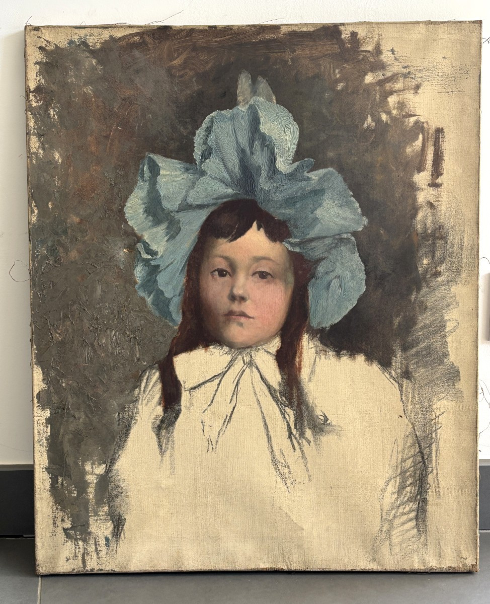 French School, Late 19th Century, Portrait Of A Young Girl With A Blue Headdress, Oil -photo-4
