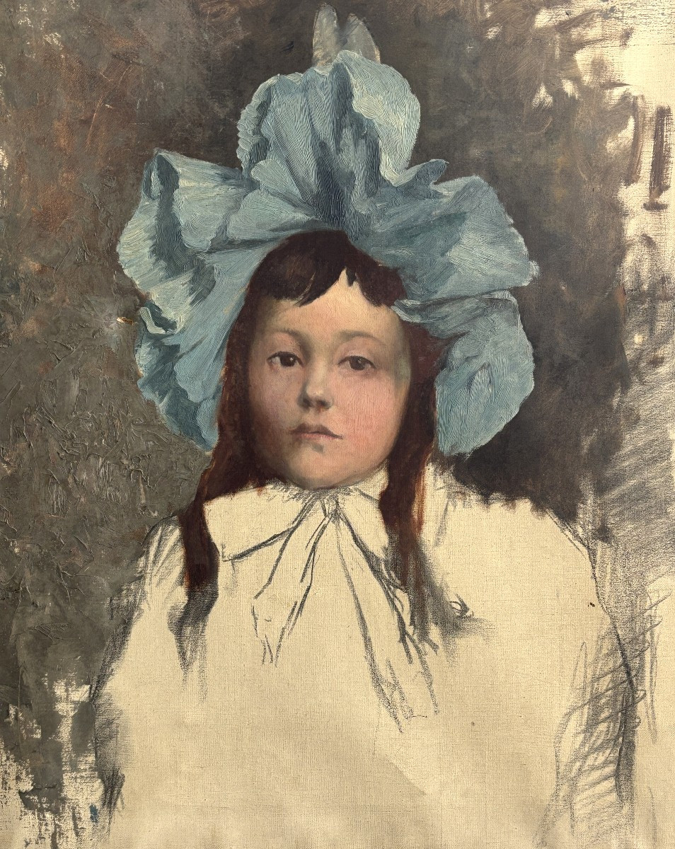 French School, Late 19th Century, Portrait Of A Young Girl With A Blue Headdress, Oil 