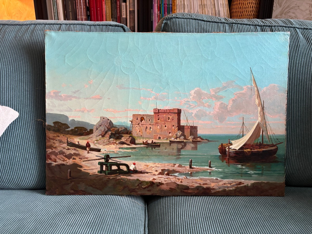 Antoine Claude Ponthus Cinier (Lyon 1812-1885), Attribué à, Pêcheurs dans la baie de Naples-photo-2