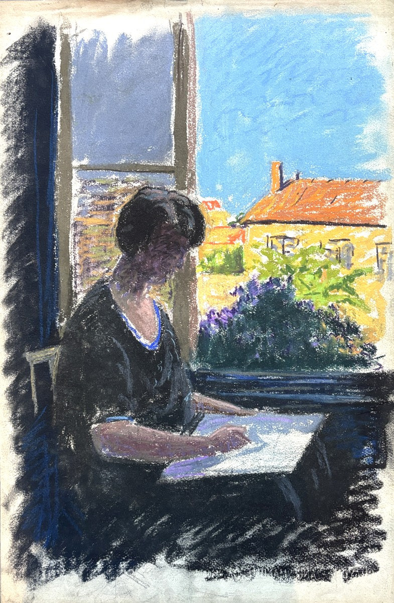 Meulien-verez? French School, Early 20th Century, Woman Artist At Her Window, Pastel
