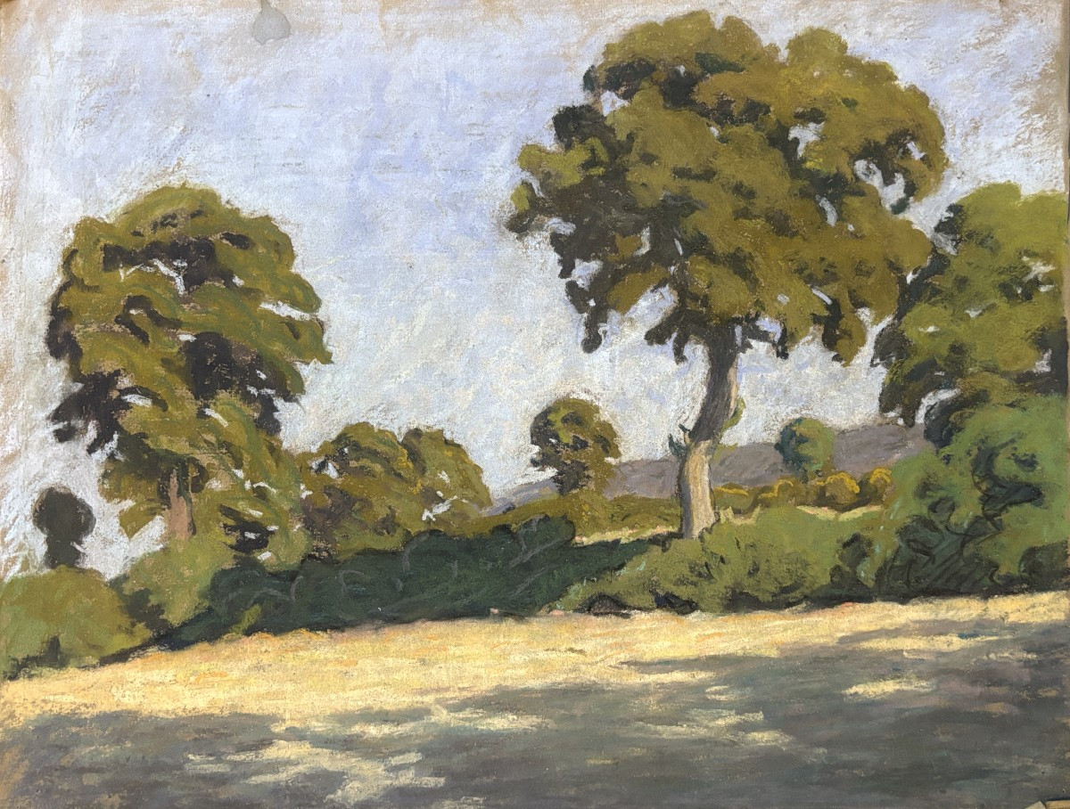 Meulien-Verez? Ecole française début XXe, Paysage arboré , dessin au pastel