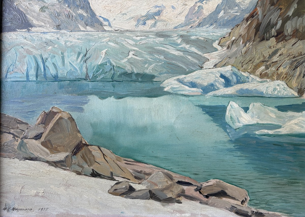 Henri Edouard Huguenin-virchaux (1878-1958), Glacier In The Mountains: The Aletsch Glacier?, Oil-photo-3