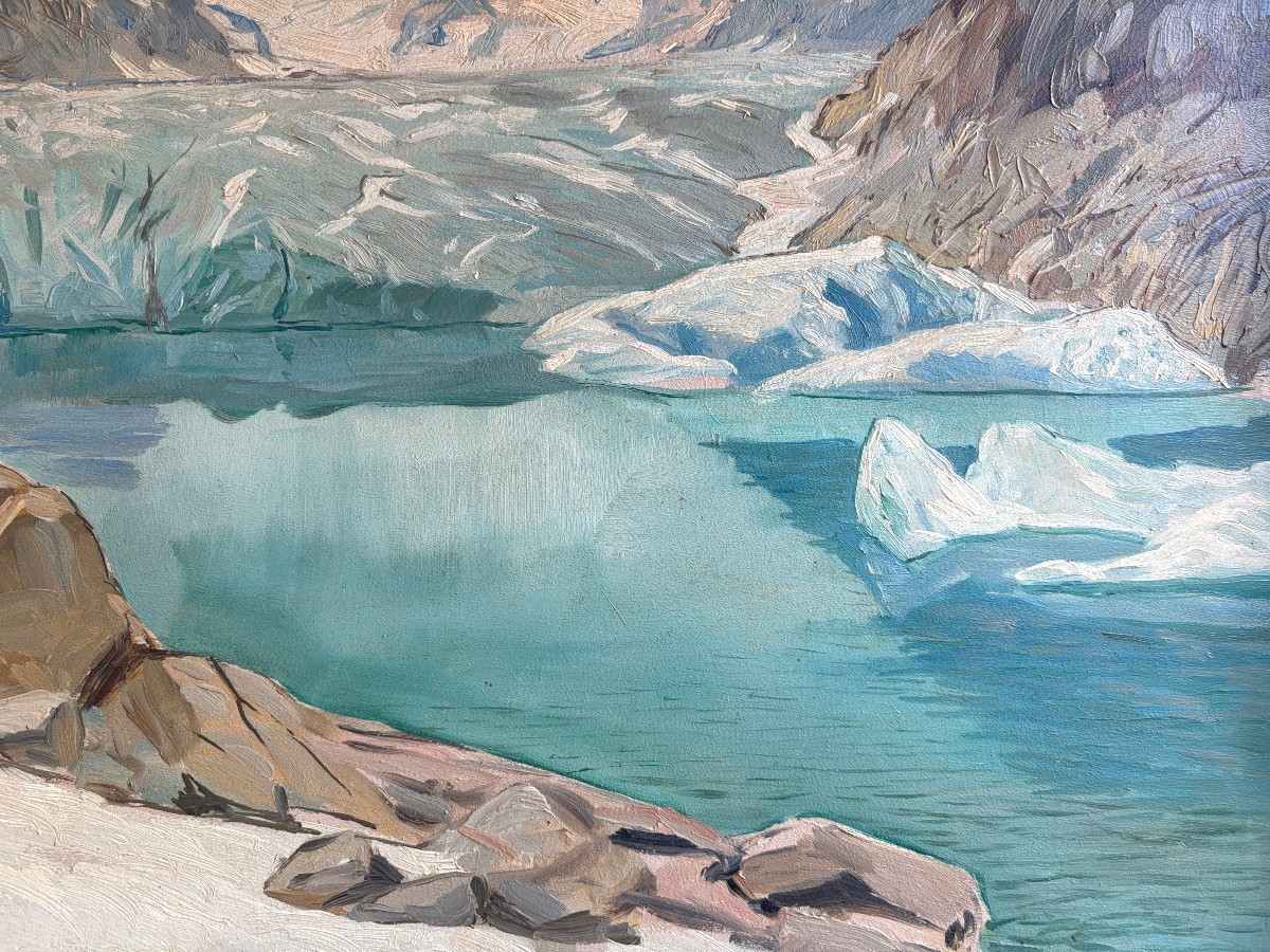 Henri Edouard Huguenin-virchaux (1878-1958), Glacier In The Mountains: The Aletsch Glacier?, Oil-photo-4