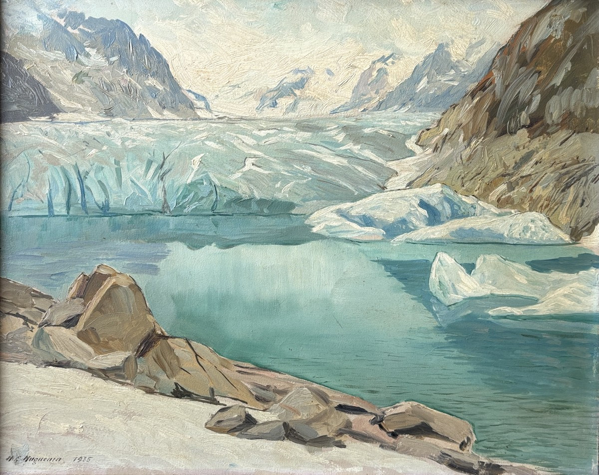 Henri Edouard Huguenin-virchaux (1878-1958), Glacier In The Mountains: The Aletsch Glacier?, Oil