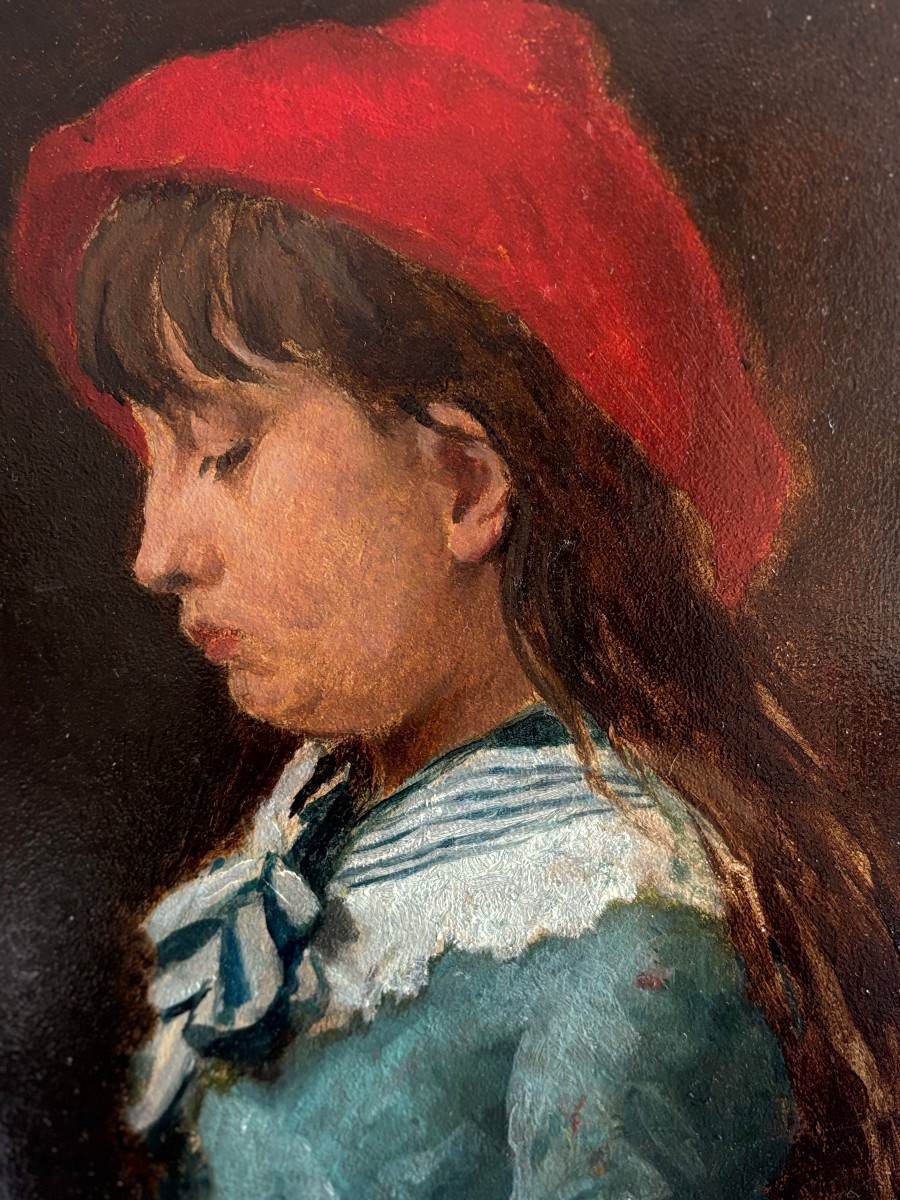 Attribué à Gustave Biot (XIXe), Portrait de jeune fille au béret rouge, huile sur panneau-photo-2